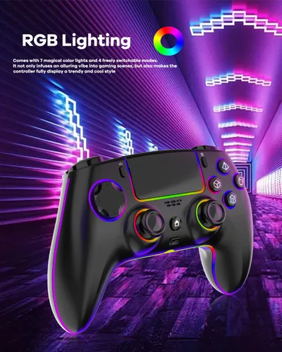 Vista 2 de GlowPlayX Wireless Gaming Controller Compatible with PS-5 Console/Pro/PC/Mac/iOS/Android/Steam Deck, Gamepad with RGB Lighting/Hall Effect Negro