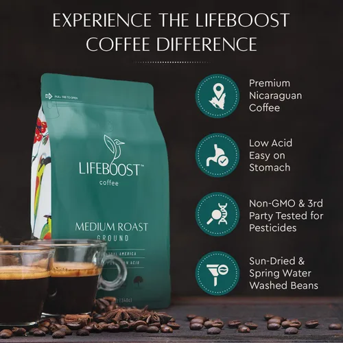 Vista 8 de LIFEBOOST - Café tostado medio molido, sin OMG, baja acidez, certificado como orgánico por el Departamento de Agricultura (USDA), con certificación