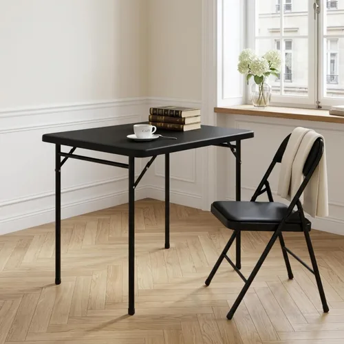 Vista 2 de Mesa plegable rectangular de 3 pies para todas las ocasiones, mesa plegable con mesa de polietileno de alta densidad y patas de acero, mesa plegable