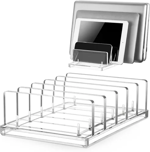Vista 9 de Soporte vertical ajustable para computadora portátil, soporte acrílico de 3 ranuras para laptop, base invisible para computadora portátil, todos