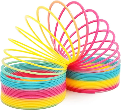 Vista 2 de The Dreidel Company Paquete de 2 resortes helicoidales de plástico arcoíris jumbo, recuerdo de fiesta para niños, envuelto individualmente, resorte