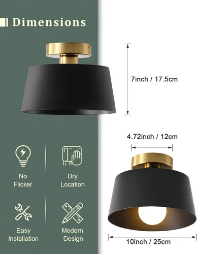 Vista 4 de Lámpara de Techo Moderna Semi Empotrada con Placa Dorada y Pantalla Negra Mate, Lámpara de Techo Estilo Granja para Isla de Cocina Comedor Vestíbulo