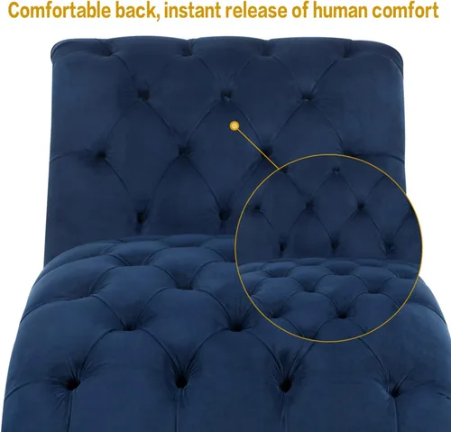 Vista 6 de Chaise Lounge para interiores de 63 pulgadas con botón capitoné sin brazos para sala de estar y dormitorio, respaldo ergonómico refinado moderno Azul