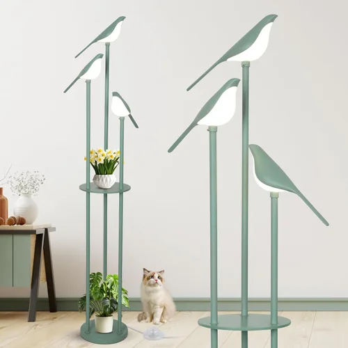 Vista 11 de Lámparas de pie doradas para sala de estar, lámpara de pie moderna con estantes, lámpara de pie de mediados de siglo con 3 luces LED de pájaro