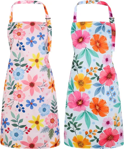 Vista 10 de Paquete de 2 delantales florales para mujer con bolsillos, delantal de cocina ajustable para cocinar, hornear, jardinería, manualidades