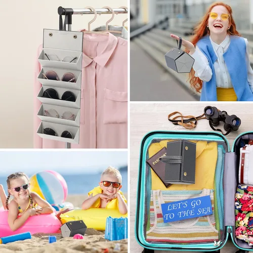 Vista 7 de Estuche de viaje para lentes de sol, organizador plegable de 5 ranuras, caja de almacenamiento colgante para mujeres y hombres, Negro