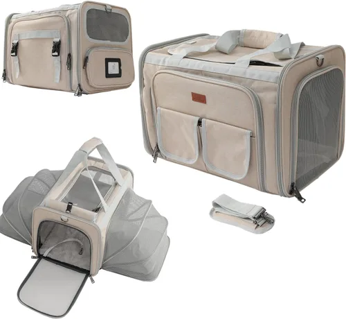 Vista 9 de Transportadores de gatos azul suave para perros, aprobado por aerolíneas, bolsa expandible para cachorros, lados blandos, expandido, bolsa de viaje