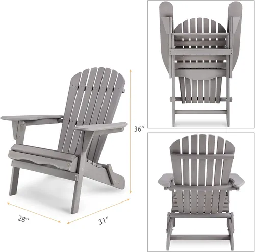Vista 3 de Juego de 2 sillas Adirondack de madera para exteriores, sillas plegables para jardín, césped, patio, piscina, color gris S4-gris