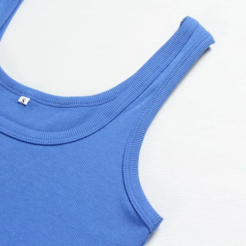 Vista 2 de Artfish Camiseta sin mangas con cuello redondo para mujer, de punto acanalado, ajustada, casual