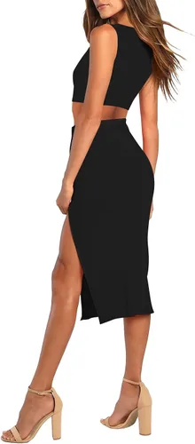 Vista 9 de HUUSA Vestido de 2 piezas para mujer, sexy, sin mangas, ajustado, con abertura, vestido midi casual, cuello redondo, camiseta sin mangas, falda