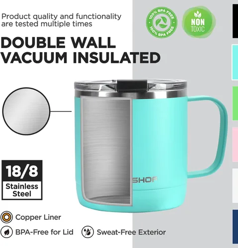 Vista 3 de HAUSHOF Taza de café de 14 onzas, taza de café aislada con asa, taza de viaje para camping, taza de café portátil de acero inoxidable, tazas de café