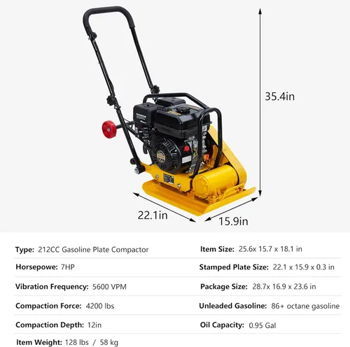 Vista 8 de GarveeHome 7HP Plataforma compactadora de pisón, motor de gas de 212 CC, manipulación vibratoria de compactación de 4200 libras, 22.1 x 15.9