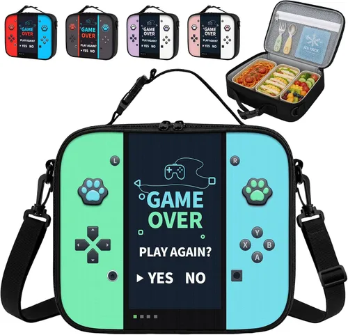 Vista 11 de Lonchera aislada para consola de juegos, para adolescentes, niños, niñas, niños, reutilizable, de gran capacidad, con etiqueta de nombre, correa