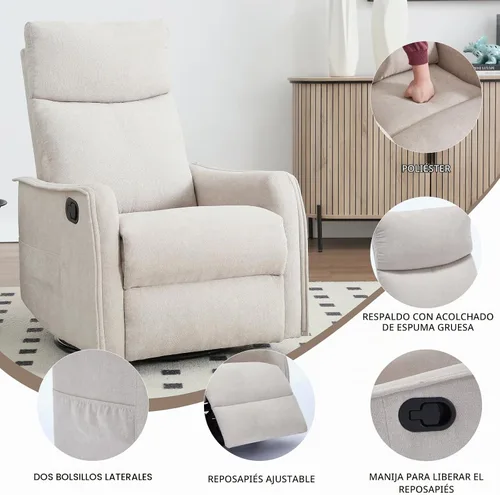 Vista 3 de Silla reclinable giratoria, sillón giratorio para sala de estar, silla reclinable deslizante con calor y masaje, color beige