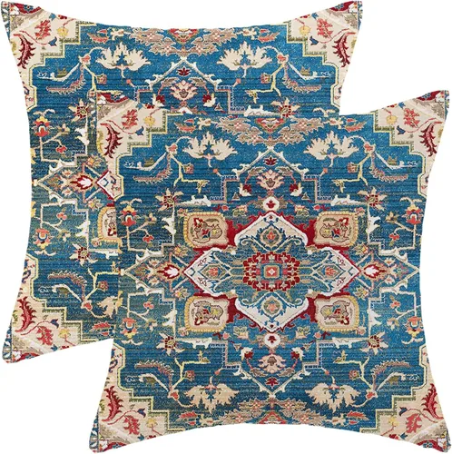 Vista 22 de Fundas de almohada Gohdiwh boho 16 x 16, juego de 2, fundas de almohada decorativas de diseño étnico, fundas de almohada de lino azul