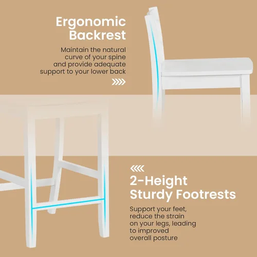 Vista 6 de COSTWAY Juego de 2 taburetes de bar de madera, taburetes de altura de mostrador de 24 pulgadas con respaldo ergonómico y reposapiés, sillas de Blanco