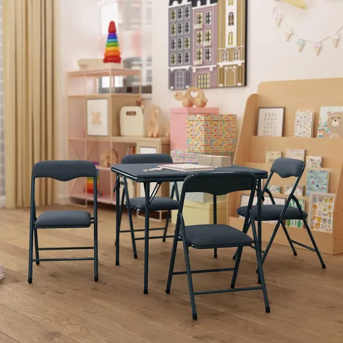 Vista 10 de HBCY Creations Juego de mesa y sillas plegables para niños de 5 piezas, diseño negro, ligero y portátil, función de bloqueo de seguridad, asientos