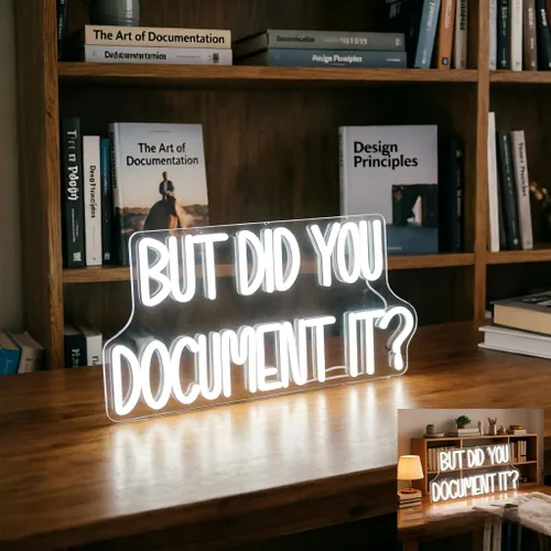 Vista 4 de Letrero de neón con texto en inglés "But Did You Document It", con cita de humor de oficina, luz de neón LED blanca, alimentada por USB, luz