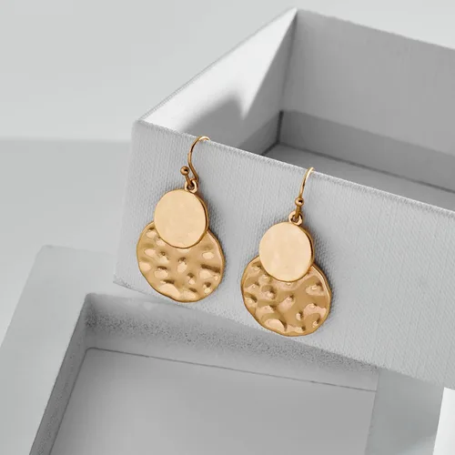Vista 5 de Pendientes colgantes de disco martillado en oro antiguo estilo boho con joyería de dos tonos para regalo