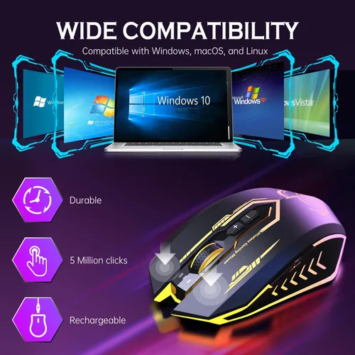 Vista 6 de Wireless USB Gaming Mouse, recargables uhuru 5 botones 7 Changeable LED Color ergonómico programable MMO RPG para PC computadora Portátil gaming