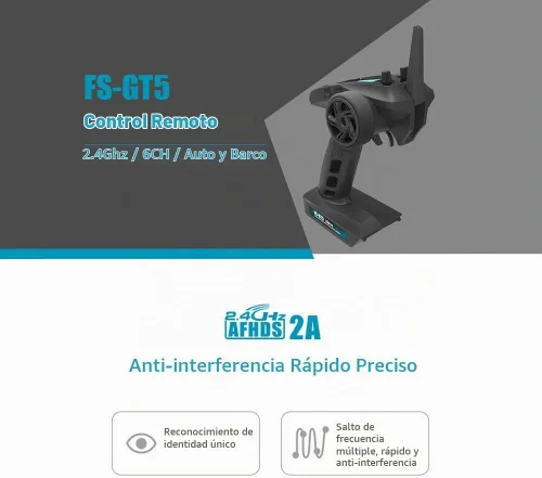 Vista 2 de Flysky FS-GT5 - Transmisor RC de 6 canales AFHDS con receptor FS-BS6 para RC coche bote