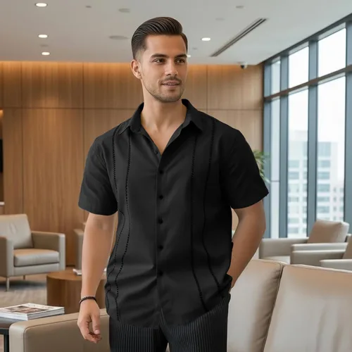Vista 3 de Camisa elegante para hombre - Camisa de playa de lino transpirable de manga corta con botones