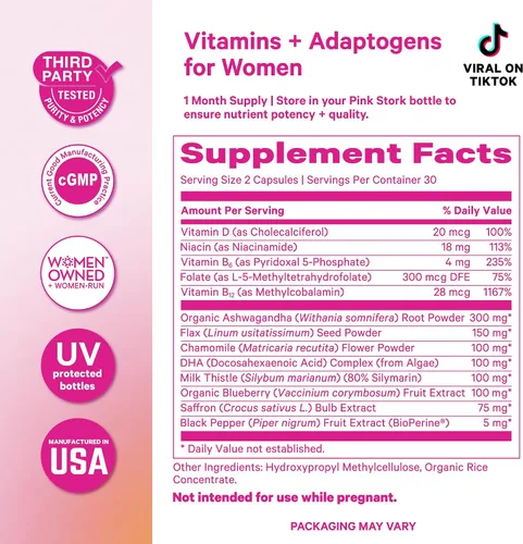 Vista 6 de Pink Stork Suplementos de cortisol para mujeres, apoyo suprarrenal adaptogénico y administrador del estrés con Ashwagandha orgánica, Omega 3