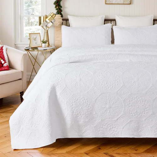 Vista 3 de Brandream juego de cama de lujo de 3 piezas, color blanco, de gran tamaño, juego de edredón, tamaño queen