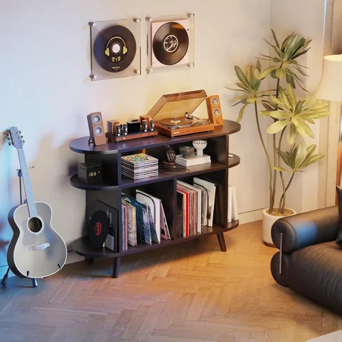 Vista 7 de LIVEHOM Soporte redondo grande para tocadiscos, armario de almacenamiento de discos de madera, soporte para discos de vinilo con área