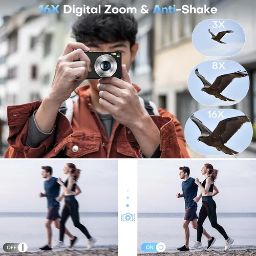 Vista 4 de Cámara digital 4K 48MP 16X Zoom con tarjeta de 32GB (negro) Cámara de vlogging de enfoque automático, antivibración, disparo de punto compacto