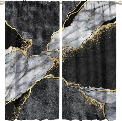 Vista 53 de Cortinas abstractas de mármol de lujo de lujo azul marino dorado a rayas con patrón de mármol estampado para dormitorio, sala de estar, cortinas