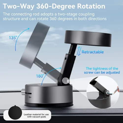 Vista 3 de XO Simple is Beauty Soporte magnético para teléfono con succión al vacío, retráctil, con ventosa fuerte, manos libres, soporte plegable para Gris