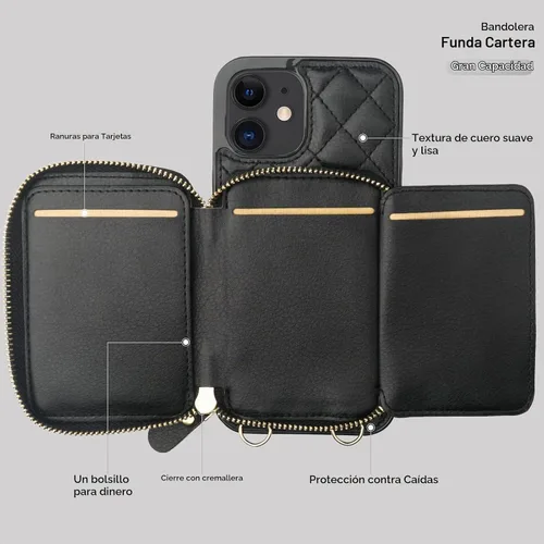 Vista 7 de Bocasal Funda tipo cartera cruzada para iPhone 12/12 Pro, bloqueo RFID, de piel sintética, con cremallera, bolso cartera con tapa plegable, funda