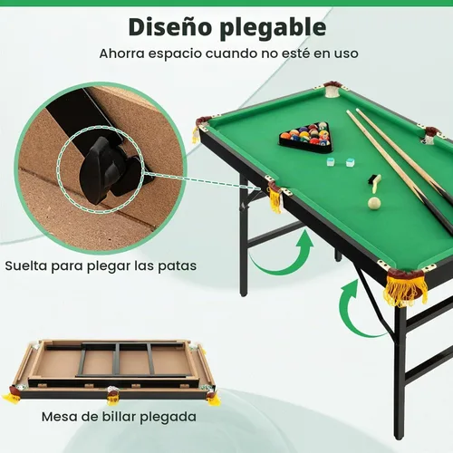 Vista 8 de GYMAX Mesa de billar, mesas de billar plegables de 48 pulgadas con bolas, 2 palillos de taco, tizas y cepillo, mini mesa de billar para niños Verde