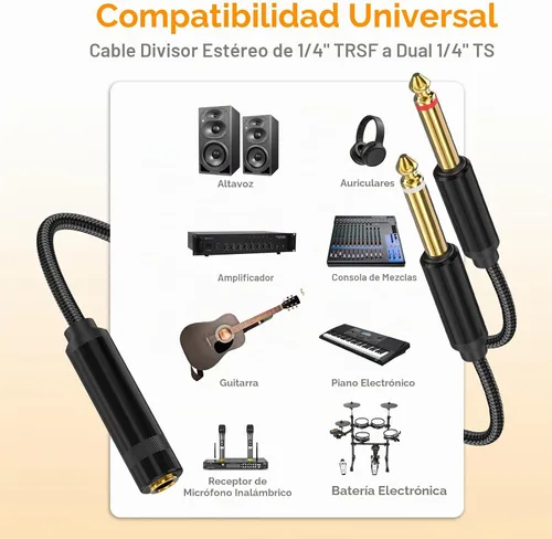 Vista 3 de HOSONGIN - Cable de inserción divisor en Y estéreo de 1/4 TRS a dual de 1/4 TS mono, con conector chapado en oro, blindaje doble y funda de nylon