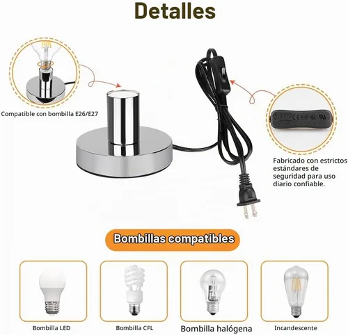 Vista 4 de Base de lámpara de mesa industrial Helunsi, base de lámpara E26 E27 plateada sin pantalla, base de lámpara de escritorio corta expuesta, soporte