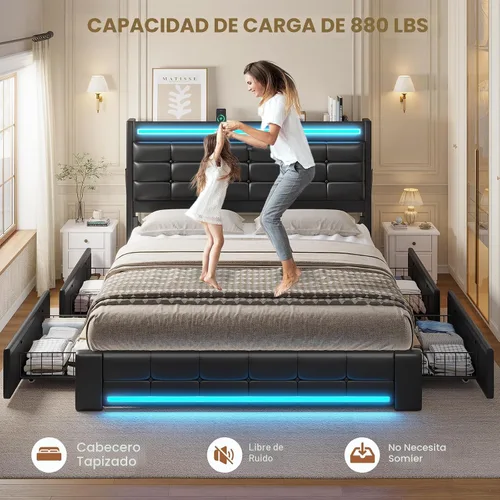 Vista 7 de ADORNEVE Marco de cama de tamaño matrimonial con cabecera de almacenamiento