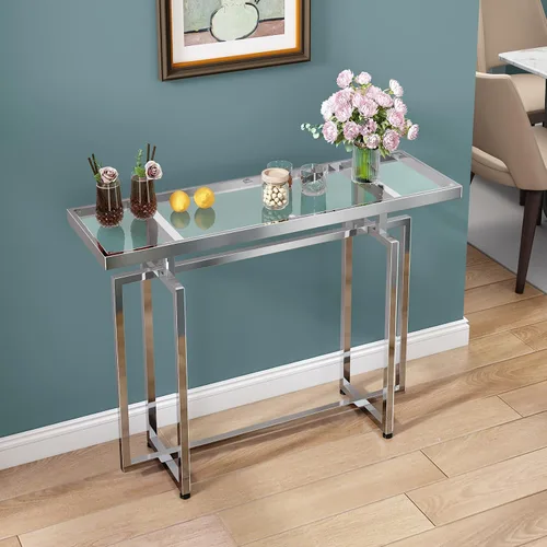 Vista 7 de ASYA Mesa consola de cristal para entrada, mesa de entrada moderna con vidrio templado y marco cromado, mesa de sofá plateada para sala de estar