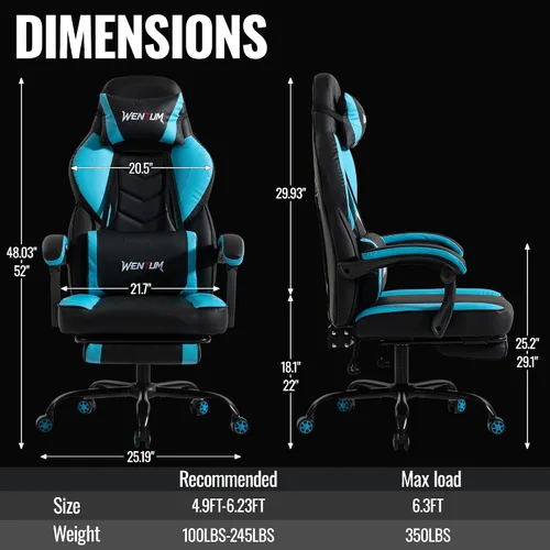 Vista 3 de Ergonomic Gaming Chair,Massage & Footrest,350lb Capacity,Breathable PU,Blue Multi-Function Desk Chair 2-Point Vibration Lumbar Support Height