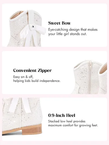 Vista 5 de Coutgo Botas vaqueras para niñas, botas de tacón bajo con purpurina, botas Blanco