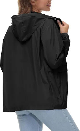 Vista 4 de Avoogue Chaqueta impermeable para mujer, ligera, plegable, con capucha, rompevientos para exteriores