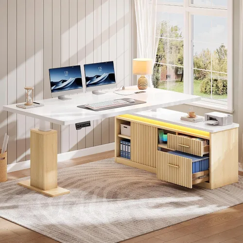 Vista 10 de YITAHOME - Escritorio de pie en forma de L con tomas de corriente y luces LED, 63" Escritorio eléctrico de granja ajustable en altura, estación