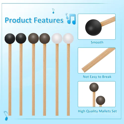 Vista 7 de 6 piezas de mazos de goma de percusión de madera de xilófono de percusión, palitos de glockenspiel, palitos de tambor de percusión con mango