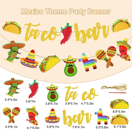 Vista 2 de Fiesta Taco Bar Banner Garland 2 juegos de fiesta mexicana fiesta bandera con cactus burro maraca sombrero taco pimienta para fiesta temática