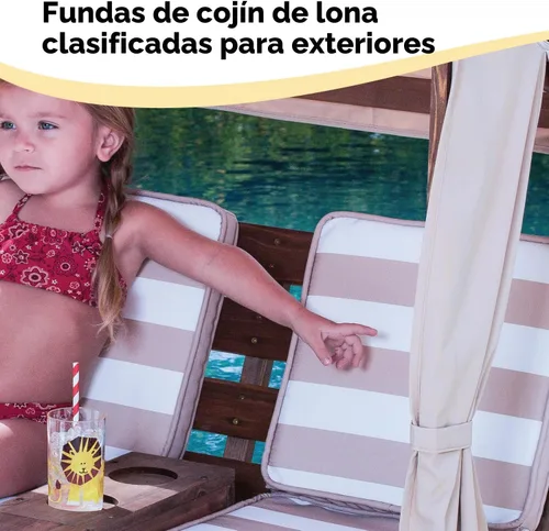 Vista 8 de KidKraft Tumbona doble de madera para exteriores con portavasos, muebles de patio para niños o mascotas, espresso con avena y tela a rayas blancas