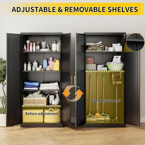 Vista 6 de Gabinete de metal para despensa de cocina, 71 pulgadas de alto x 28 pulgadas de ancho x 14 pulgadas de profundidad con 2 puertas y 4 estantes Negro