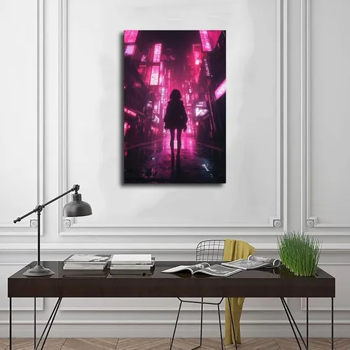 Vista 3 de Arte de pared retro de anime Vaporwave - Impresión de paisaje urbano de neón - Póster Cyberpunk Noir para dormitorio o estudio, decoración de pared