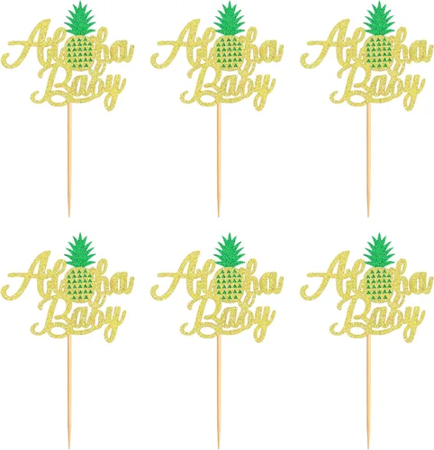 Vista 8 de Ercadio Aloha - Paquete de 24 adornos para cupcakes de piña con purpurina Hawaii Aloha Baby Cupcake Picks Hawaiian Luau Tropical Summer Aloha