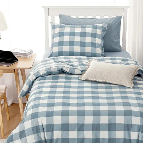 Vista 10 de Wake In Cloud - Juego de funda de edredón de algodón gingham, a cuadros de búfalo a cuadros granja, juego de ropa de cama de percal texturizado 100%