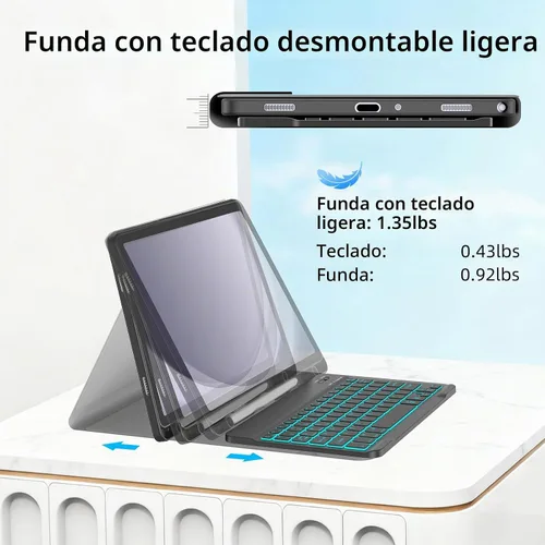 Vista 6 de JUQITECH Funda para teclado retroiluminada para Samsung Galaxy Tab A11 Plus A9 Plus de 11 pulgadas A11+ 2025 A9+ 2023 Estuche inteligente suave
